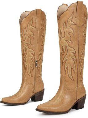 Women's Matte Tan Faux Leather Cuban Heel Pointed Toe Cowgirl Western Boots